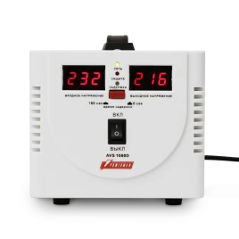 Стабилизатор POWERMAN AVS 1000D, ступенчатый регулятор, цифровые индикаторы уровней напряжения, 1000ВА, 140-260В, максимальный входной ток 7А, 2 евророзетки, IP-20, напольный,  200мм х 150мм х 140мм, 2,3 кг./ Stabilizer POWERMAN AVS 1000D, step-type regul