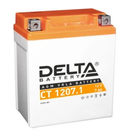 Аккумуляторная батарея для мото-техники/ DELTA серия  CT, CT 1207.1, напряжение 12В, емкость 7 Ач (разряд 10 часов 10.5 В), пусковой ток: 100А, полярность обратная ( - +),  тип AGM;Pb (свинцово-кислотный), клеммы: BN под болт,  ДxШxВ 114x70x132мм., вес  2