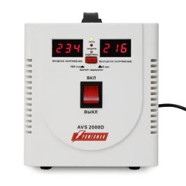 Стабилизатор POWERMAN AVS 2000D, ступенчатый регулятор, цифровые индикаторы уровней напряжения, 2000ВА, 140-260В, максимальный входной ток 12А, 2 евророзетки, IP-20, напольный,  200мм х 160мм х 190мм, 4.9 кг./ Stabilizer POWERMAN AVS 2000D, step-type regu