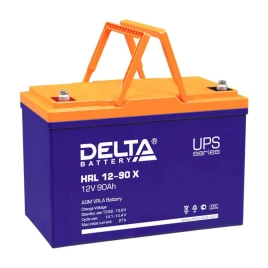 Батарея DELTA серия HRL-X, HRL 12-90 X, напряжение 12В, емкость 90Ач (разряд 10 часов),  макс. ток разряда (5 сек.) 800А, макс. ток заряда 27А, свинцово-кислотная типа AGM, клеммы под болт М6, ДxШxВ 306х169х210мм., вес 27.8кг., срок службы 12 лет.