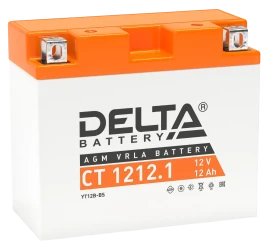 Аккумуляторная батарея для мото-техники/ DELTA серия  CT, CT 1212.1, напряжение 12В, емкость 12 Ач (разряд 10 часов 10.5 В), пусковой ток: 155А, полярность обратная ( - +),  тип AGM;Pb (свинцово-кислотный), клеммы: BN под болт,  ДxШxВ 151x71x130мм., вес