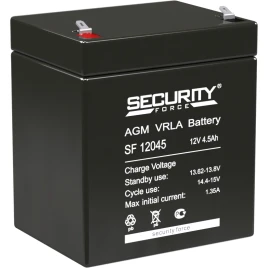Батарея SECURITY FORCE серия SF, SF 12045, напряжение 12В, емкость 4.6Ач (разряд 20 часов),  макс. ток разряда (5 сек.) 60А, макс. ток заряда 1.35А, свинцово-кислотная типа AGM, клеммы F1, ДxШxВ 90х70х101мм., вес кг., срок службы 3-5 лет./ Battery SECURIT