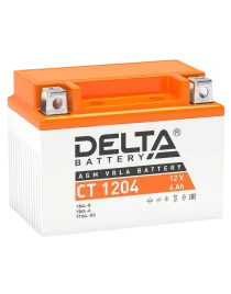 Аккумуляторная батарея для мото-техники/ DELTA серия  CT, CT 1204, напряжение 12В, емкость 4 Ач (разряд 10 часов 10.5 В), пусковой ток: 45А, полярность обратная ( - +),  тип AGM;Pb (свинцово-кислотный), клеммы: BN под болт,  ДxШxВ 114x70x87мм., вес  1,3кг
