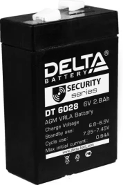 Батарея DELTA серия DT, DT 6028, напряжение 6В, емкость 2.8Ач (разряд 20 часов),  макс. ток разряда (5 сек.) 48А, макс. ток заряда 0.84А, свинцово-кислотная типа AGM, клеммы F1, ДxШxВ 66х33х97мм., вес 0.61кг., срок службы 5 лет./ Battery DELTA series DT,