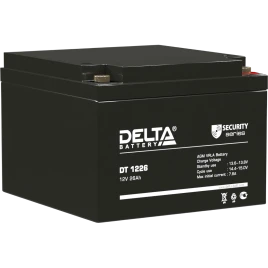 Батарея DELTA серия DT, DT 1226, напряжение 12В, емкость 26Ач (разряд 20 часов),  макс. ток разряда (5 сек.) 390А, макс. ток заряда 7.8А, свинцово-кислотная типа AGM, клеммы под гайку и болт M6, ДxШxВ 175х166х125мм., вес 8кг., срок службы 5 лет./ Battery