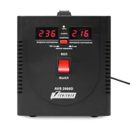 Стабилизатор POWERMAN AVS 2000D, черный, ступенчатый регулятор, цифровые индикаторы уровней напряжения, 2000ВА, 140-260В, максимальный входной ток 12А, 2 евророзетки, IP-20, напольный,  200мм х 160мм х 190мм, 4.9 кг./ Stabilizer POWERMAN AVS 2000D, black,