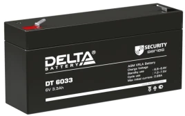 Батарея DELTA серия DT, DT 6033, напряжение 6В, емкость 3.3Ач (разряд 20 часов),  макс. ток разряда (5 сек.) 50А, макс. ток заряда 0.99А, свинцово-кислотная типа AGM, клеммы F1, ДxШxВ 134х34х61мм., вес 0.65кг., срок службы 5 лет./ Battery DELTA series DT,