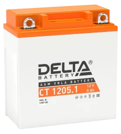 Аккумуляторная батарея для мото-техники/ DELTA серия  CT, CT 1205.1, напряжение 12В, емкость 5 Ач (разряд 10 часов 10.5 В), пусковой ток: 65А, полярность обратная ( - +),  тип AGM;Pb (свинцово-кислотный), клеммы: BN под болт,  ДxШxВ 120x61x129мм., вес  1,