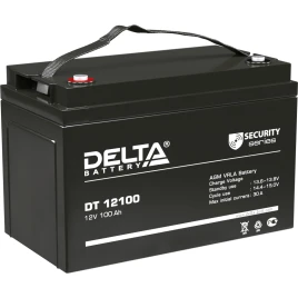 Батарея DELTA серия DT, DT 12100, напряжение 12В, емкость 100Ач (разряд 20 часов),  макс. ток разряда (5 сек.) 1000А, макс. ток заряда 30А, свинцово-кислотная типа AGM, клеммы под болт М8, ДxШxВ 330х173х215мм., вес 28.6кг., срок службы 7-10 лет./ Battery