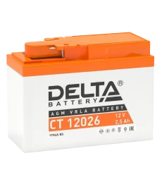 Аккумуляторная батарея для мото-техники/ DELTA серия  CT, CT 12026, напряжение 12В, емкость 2,5 Ач (разряд 10 часов 10.5 В), пусковой ток: 45А, полярность обратная ( - +),  тип AGM;Pb (свинцово-кислотный), клеммы: BN под болт,  ДxШxВ 115x50x86мм., вес  1к