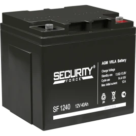Аккумуляторная батарея/ Battery SECURITY FORCE SF series, SF 1240, voltage 12V, capacity 40Ah (discharge 20 hours), max. Discharge current (5 sec.) 48A, max. charging current 12A, lead-acid AGM type, terminals for nut and bolt M6, LxWxH 197x165x170mm., we