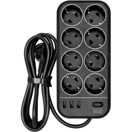Фильтр-удлинитель PowerCom SP-08 USB03AB 1.8M, 8 розеток, черный, 16А, 4кВт, 175Дж, 3*USB, защитные шторки, защита от КЗ, перегрузки, ВЧ и импульсных помех, кабель 3x1 мм2, ШхГхВ 230х105х45 мм, вес 0.55 кг./ Surge protector PowerCom SP-08 USB03AB 1.8M, 8