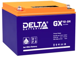 Батарея DELTA серия GX, GX 12-24, напряжение 12В, емкость 24Ач (разряд 20 часов),  макс. ток разряда (5 сек.) 300А, макс. ток заряда 4.76А, свинцово-кислотная типа GEL, клеммы под болт М5, ДxШxВ 166х175х125мм., вес 8.3кг., срок службы 15 лет./ Battery DEL