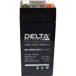 Батарея DELTA серия DT, DT 4045 (47mm), напряжение 4В, емкость 4.6Ач (разряд 20 часов),  макс. ток разряда (5 сек.) 60А, макс. ток заряда 1.35А, свинцово-кислотная типа AGM, клеммы F1, ДxШxВ 47х47х101мм., вес 0.5кг., срок службы 5 лет./ Battery DELTA seri