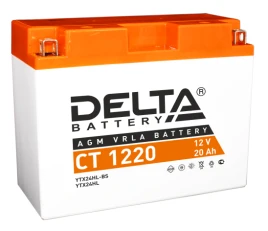 Аккумуляторная батарея для мото-техники/ DELTA серия  CT, CT 1220, напряжение 12В, емкость 20 Ач (разряд 10 часов 10.5 В), пусковой ток: 250А, полярность обратная ( - +),  тип AGM;Pb (свинцово-кислотный), клеммы: BN под болт,  ДxШxВ 204x91x159мм., вес  6,