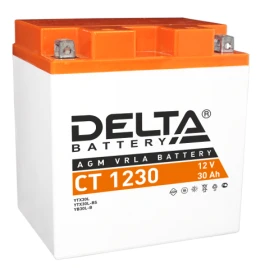 Аккумуляторная батарея для мото-техники/ DELTA серия  CT, CT 1230, напряжение 12В, емкость 30 Ач (разряд 10 часов 10.5 В), пусковой ток: 300А, полярность обратная ( - +),  тип AGM;Pb (свинцово-кислотный), клеммы: BN под болт,  ДxШxВ 168x126x175мм., вес  8
