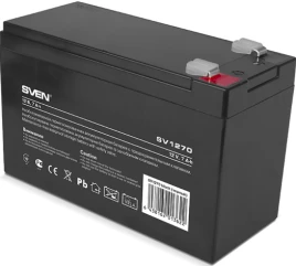 Батарея SVEN SV 1270 (12V 7Ah), напряжение 12В, емкость 7А*ч, макс. ток разряда 105А, макс. ток заряда 2.1А, свинцово-кислотная типа AGM, тип клемм F2, Д/Ш/В 151/65/94 мм, 2.1кг/ Battery SVEN SV 1270 (12V 7Ah), 12V voltage, 7A*h capacity, max. discharging