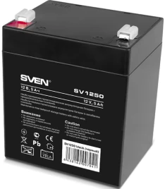 Батарея SVEN SV 1250 (12V 5Ah), напряжение 12В, емкость 5А*ч, макс. ток разряда 80А, макс. ток заряда 1.5А, свинцово-кислотная типа AGM, тип клемм F1/ Battery SVEN SV 1250 (12V 5Ah), 12V voltage, 5A*h capacity, max. discharging rate of 80A, max. charging