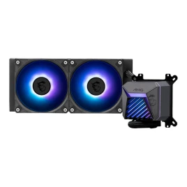 Система жидкостного охлаждения/ Water Cooling System MSI MAG CORELIQUID A15 240 (240W, 240mm, Black, ARGB/ Fans: 2x120mm, 64.89CFM, 28.7dBA, 2050RPM/ Pump 20dBA, 3400RPM, Rad thickness 27mm/ S: 1851, 1700, AM5, AM4)