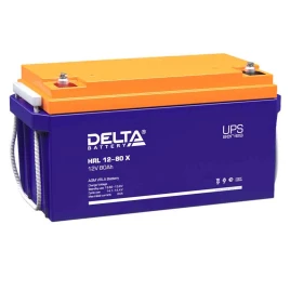 Батарея DELTA серия HRL-X, HRL 12-80 X, напряжение 12В, емкость 80Ач (разряд 10 часов),  макс. ток разряда (5 сек.) 750А, макс. ток заряда 24А, свинцово-кислотная типа AGM, клеммы под болт М6, ДxШxВ 350х167х179мм., вес 24.2кг., срок службы 12 лет.