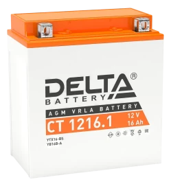 Аккумуляторная батарея для мото-техники/ DELTA серия  CT, CT 1216.1, напряжение 12В, емкость 16 Ач (разряд 10 часов 10.5 В), пусковой ток: 230А, полярность обратная ( - +),  тип AGM;Pb (свинцово-кислотный), клеммы: BN под болт,  ДxШxВ 151x88x164мм., вес