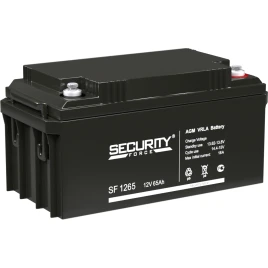 Аккумуляторная батарея/ SECURITY FORCE SF series battery, SF 1265, voltage 12V, capacity 65Ah (discharge 20 hours), max. discharge current (5 sec.) 50A, max. charge current 18A, AGM type lead acid, M6 bolt terminals, LxWxH 350x166x177mm., weight 18kg., se