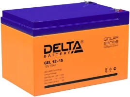 Батарея DELTA серия GEL, GEL 12-15, напряжение 12В, емкость 15Ач (разряд 20 часов),  макс. ток разряда (5 сек.) 200А, макс. ток заряда 3А, свинцово-кислотная типа AGM+GEL, клеммы F2, ДxШxВ 151х98х96мм., вес 3.7кг., срок службы 10-12 лет./ Battery DELTA se