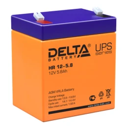 Батарея DELTA серия HR, HR 12-5,8, напряжение 12В, емкость 5.8Ач (разряд 20 часов),  макс. ток разряда (5 сек.) 75А, макс. ток заряда 1.74А, свинцово-кислотная типа AGM, клеммы F2, ДxШxВ 90х70х101мм., вес 1.95кг., срок службы 8 лет./ Battery DELTA series
