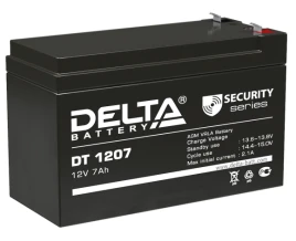 Батарея DELTA серия DT, DT 1207, напряжение 12В, емкость 7Ач (разряд 20 часов),  макс. ток разряда (5 сек.) 108А, макс. ток заряда 2.1А, свинцово-кислотная типа AGM, клеммы F1, ДxШxВ 151х65х95мм., вес 2.05кг., срок службы 5 лет./ Battery DELTA series DT,
