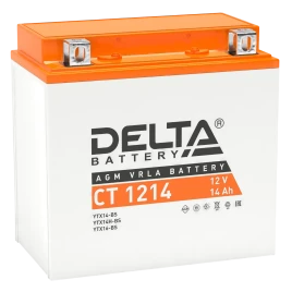 Аккумуляторная батарея для мото-техники/ DELTA серия  CT, CT 1214, напряжение 12В, емкость 14 Ач (разряд 10 часов 10.5 В), пусковой ток: 200А, полярность обратная ( - +),  тип AGM;Pb (свинцово-кислотный), клеммы: BN под болт,  ДxШxВ 151x88x147мм., вес  4,