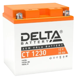 Аккумуляторная батарея для мото-техники/ DELTA серия  CT, CT 1230, напряжение 12В, емкость 30 Ач (разряд 10 часов 10.5 В), пусковой ток: 300А, полярность обратная ( - +),  тип AGM;Pb (свинцово-кислотный), клеммы: BN под болт,  ДxШxВ 168x126x175мм., вес  8