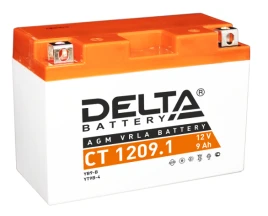 Аккумуляторная батарея для мото-техники/ DELTA серия  CT, CT 1209.1, напряжение 12В, емкость 9 Ач (разряд 10 часов 10.5 В), пусковой ток: 115А, полярность обратная ( - +),  тип AGM;Pb (свинцово-кислотный), клеммы: BN под болт,  ДxШxВ 151x71x107мм., вес  2