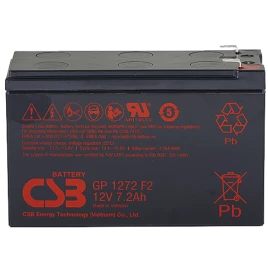 Батарея CSB серия GP, GP1272 F2, напряжение 12В, емкость 7.2Ач (разряд 20 часов), макс. ток разряда (5 сек.) 130А, ток короткого замыкания 304А, макс. ток заряда 2.8A, свинцово-кислотная типа AGM, клеммы F2, ДxШxВ 150.9x64.8x98.6мм., вес 2.4кг., срок служ