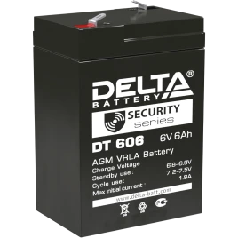 Батарея DELTA серия DT, DT 606, напряжение 6В, емкость 6Ач (разряд 20 часов),  макс. ток разряда (5 сек.) 90А, макс. ток заряда 1.8А, свинцово-кислотная типа AGM, клеммы F1, ДxШxВ 70х48х101мм., вес 0.81кг., срок службы 5 лет./ Battery DELTA series DT, DT