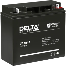 Батарея DELTA серия DT, DT 1218, напряжение 12В, емкость 18Ач (разряд 20 часов),  макс. ток разряда (5 сек.) 250А, макс. ток заряда 5.4А, свинцово-кислотная типа AGM, клеммы под гайку и болт M6, ДxШxВ 181х77х160мм., вес 5.2кг., срок службы 5 лет./ Battery