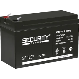Батарея SECURITY FORCE серия SF, SF 1207, напряжение 12В, емкость 7Ач (разряд 20 часов),  макс. ток разряда (5 сек.) 60А, макс. ток заряда 2.1А, свинцово-кислотная типа AGM, клеммы F1, ДxШxВ 151х65х95мм., вес кг., срок службы 3-5 лет./ Battery SECURITY FO