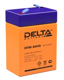 Батарея DELTA серия DTM, DTM 6045, напряжение 6В, емкость 4.5Ач (разряд 20 часов),  макс. ток разряда (5 сек.) 67.5А, макс. ток заряда 1.32А, свинцово-кислотная типа AGM, клеммы F1, ДxШxВ 70х47х101мм., вес 0.78кг., срок службы 6 лет./ Battery DELTA series