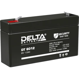 Батарея DELTA серия DT, DT 6012, напряжение 6В, емкость 1.2Ач (разряд 20 часов),  макс. ток разряда (5 сек.) 16.2А, макс. ток заряда 0.36А, свинцово-кислотная типа AGM, клеммы F1, ДxШxВ 97х24х51мм., вес 0.29кг., срок службы 5 лет./ Battery DELTA series DT