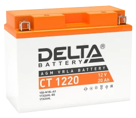 Аккумуляторная батарея для мото-техники/ DELTA серия  CT, CT 1220, напряжение 12В, емкость 20 Ач (разряд 10 часов 10.5 В), пусковой ток: 250А, полярность обратная ( - +),  тип AGM;Pb (свинцово-кислотный), клеммы: BN под болт,  ДxШxВ 204x91x159мм., вес  6,