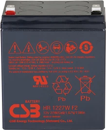 Батарея CSB серия HR, HR1227W F2, напряжение 12В, емкость 6.75Ач (разряд 20 часов), 27 Вт/Эл при 15-мин. разряде до U кон. - 1.67 В/Эл при 25 °С,  макс. ток разряда (5 сек.) 130А, ток короткого замыкания 424А, макс. ток заряда 2.7A, свинцово-кислотная тип