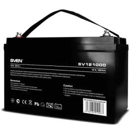 Батарея SVEN SV 121000 (12V 100Ah), напряжение 12В, емкость 100А*ч, макс. ток разряда 1000А, макс. ток заряда 30А, свинцово-кислотная типа AGM, тип клемм B5, Д/Ш/В 307/168/211мм, 30кг/ Battery SVEN SV 121000 (12V 100Ah), 12V voltage, 100A*h capacity, max.