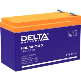 Батарея DELTA серия HRL-X, HRL 12-7,2 X, напряжение 12В, емкость 7.2Ач (разряд 10 часов),  макс. ток разряда (5 сек.) 108А, макс. ток заряда 2.16А, свинцово-кислотная типа AGM, клеммы F2, ДxШxВ 151х65х94мм., вес 2.6кг., срок службы 12 лет./ Battery DELTA