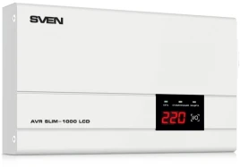 Стабилизатор SVEN AVR SLIM-1000 LCD, релейный, 800вт, 1000Ва, 140-260в, функция «пауза», 1 евророзетка, 2.9 кг./ Stabilizer SVEN AVR SLIM-1000 LCD, Relay, 800W, 1000VA, 140-260v, the function "pause", single outlet, 2.9 kg.