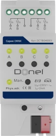 Donel KNX Бинарный вход 4-канальный Вход 0-265 В AC/DC, макс. 2 мА, 0-3 В для «0», 9–265 В для «1», длина кабеля до 100 м (1,5 мм2). Функции KNX: переключатель, диммер, жалюзи, сцена, отправка значения, последовательность переключения, счетчик, несколько