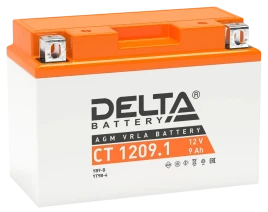 Аккумуляторная батарея для мото-техники/ DELTA серия  CT, CT 1209.1, напряжение 12В, емкость 9 Ач (разряд 10 часов 10.5 В), пусковой ток: 115А, полярность обратная ( - +),  тип AGM;Pb (свинцово-кислотный), клеммы: BN под болт,  ДxШxВ 151x71x107мм., вес  2