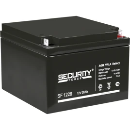 Аккумуляторная батарея/ Battery SECURITY FORCE SF series, SF 1226, voltage 12V, capacity 26Ah (discharge 20 hours), max. Discharge current (5 sec.) 30A, max. charging current 7.8 A, lead-acid AGM type, terminals for nut and bolt M6, LxWxH 166x175x125mm.,