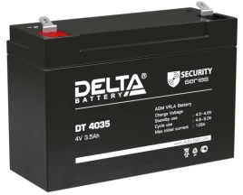 Батарея DELTA серия DT, DT 4035, напряжение 4В, емкость 3.5Ач (разряд 20 часов),  макс. ток разряда (5 сек.) 52.5А, макс. ток заряда 1.05А, свинцово-кислотная типа AGM, клеммы F1, ДxШxВ 90х34х60мм., вес 0.46кг., срок службы 5 лет./ Battery DELTA series DT