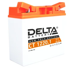 Аккумуляторная батарея для мото-техники/ DELTA серия  CT, CT 1220.1, напряжение 12В, емкость 20 Ач (разряд 10 часов 10.5 В), пусковой ток: 260А, полярность обратная ( - +),  тип AGM;Pb (свинцово-кислотный), клеммы: BN под болт,  ДxШxВ 181x77x167мм., вес