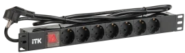 PDU 7 розеток нем. стандарт, с LED выключателем,1U, шнур 2м вилка нем. стандарт, алюминиевый профиль