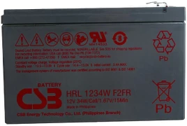 Батарея CSB серия HRL, HRL1234W F2 FR, напряжение 12В, емкость 8.5Ач (разряд 20 часов), 34 Вт/Эл при 15-мин. разряде до U кон. - 1.67 В/Эл при 25 °С, макс. ток разряда (5 сек.) 130А, ток короткого замыкания 367А, макс. ток заряда 3.4A, свинцово-кислотная